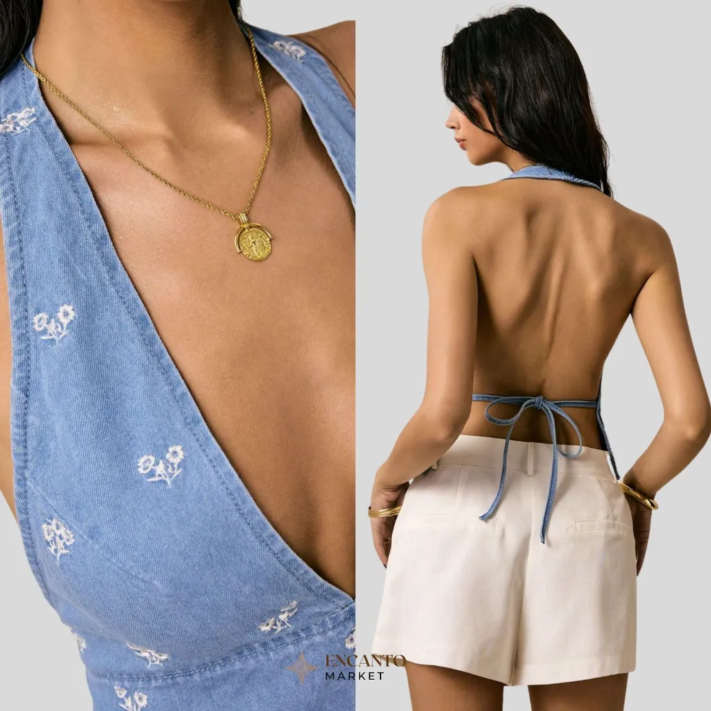 Poéselle Top de mezclilla para mujer con bordado, espalda descubierta (3).webp