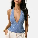 Poéselle Top de mezclilla para mujer con bordado, espalda descubierta.webp