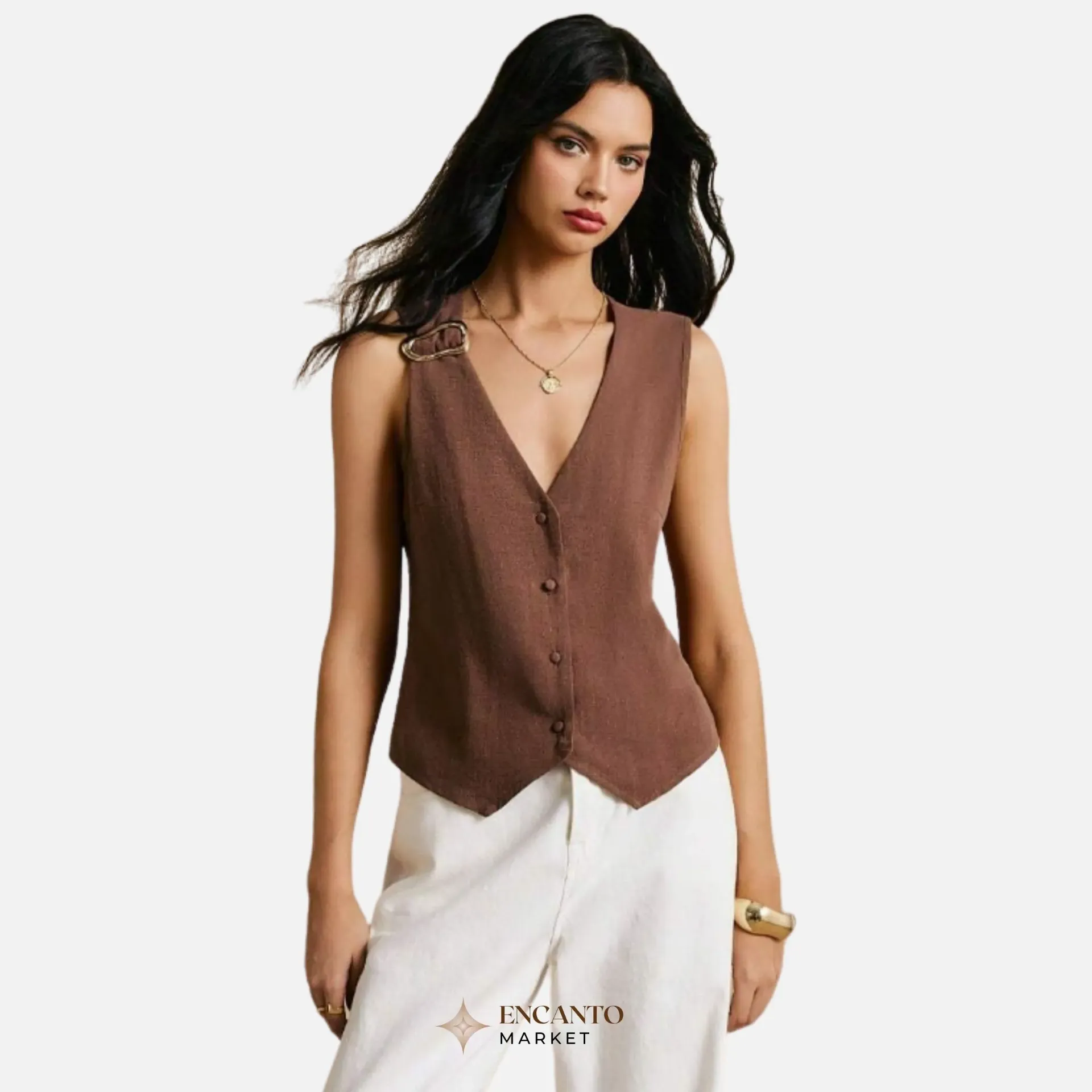 Top tipo lino con detalle metalico