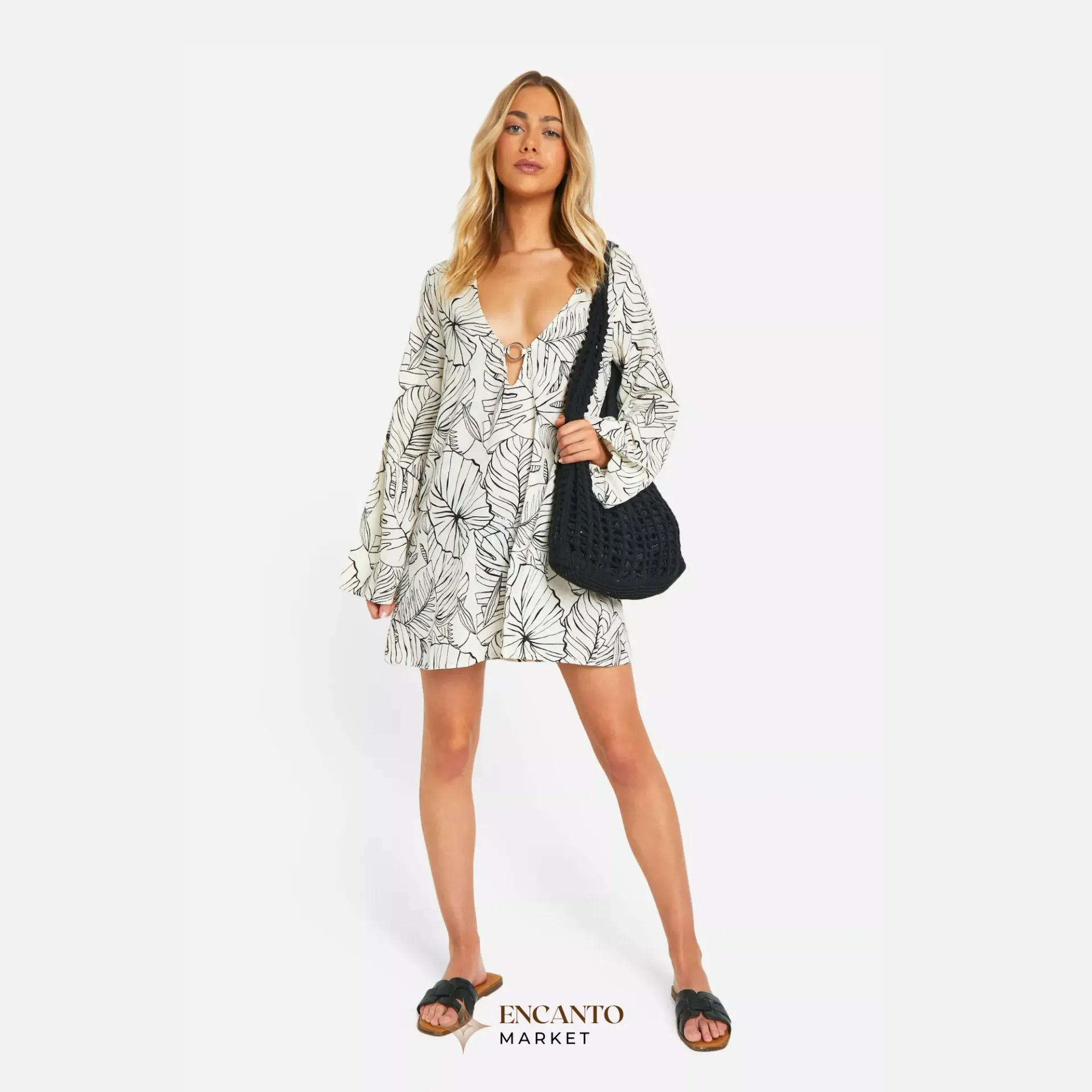 Vestido corto de algodón estampado de palmeras