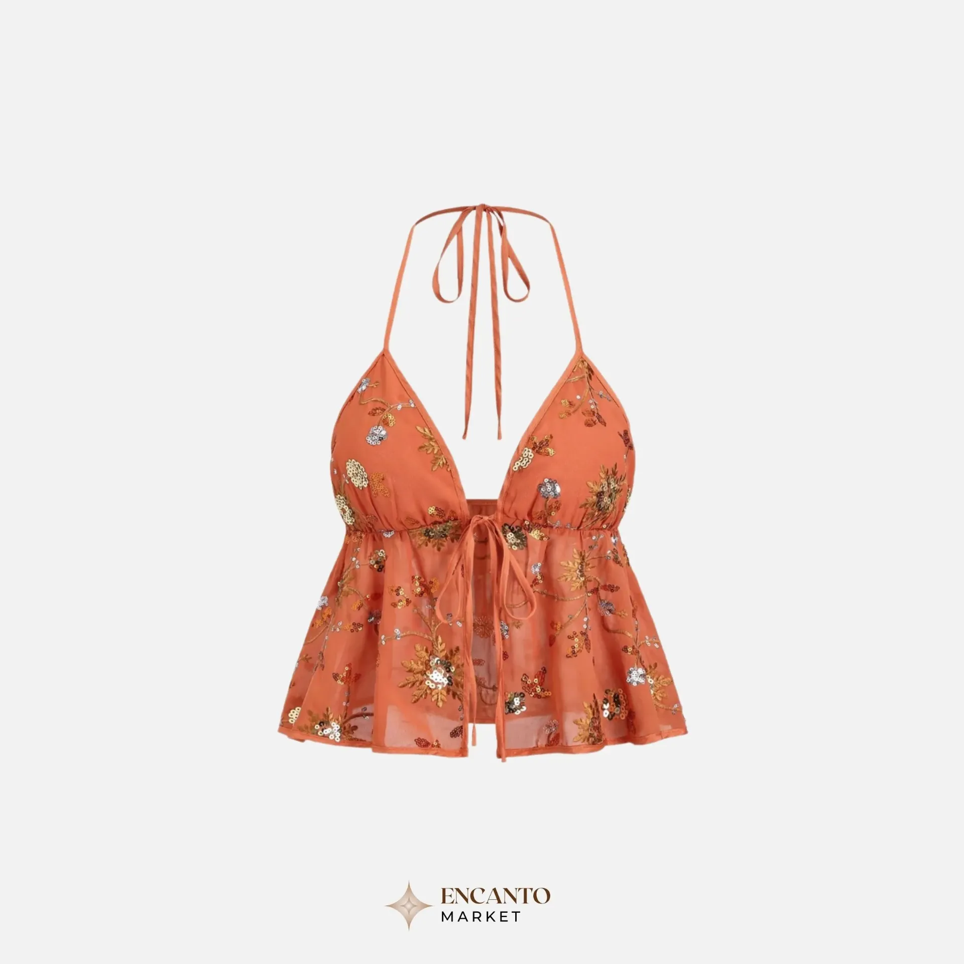 Top naranja estilo playero con detalles de lentejuelas